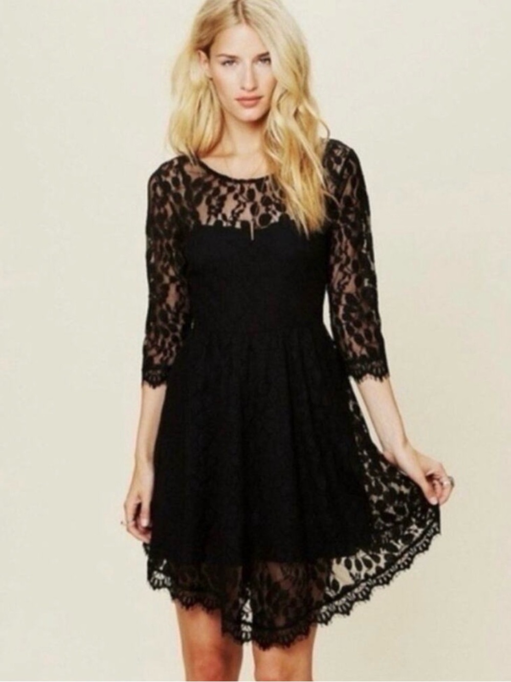 Free People Black Lace 3/4 Sleeve Dress